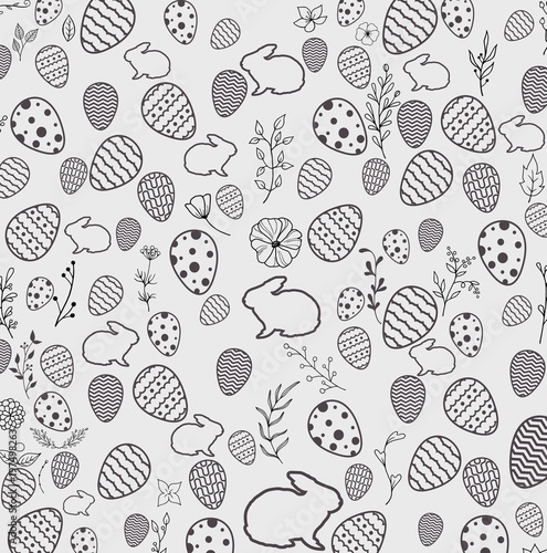 Black and white color easter seamless pattern with flowers, bunnies, and eggs on white background