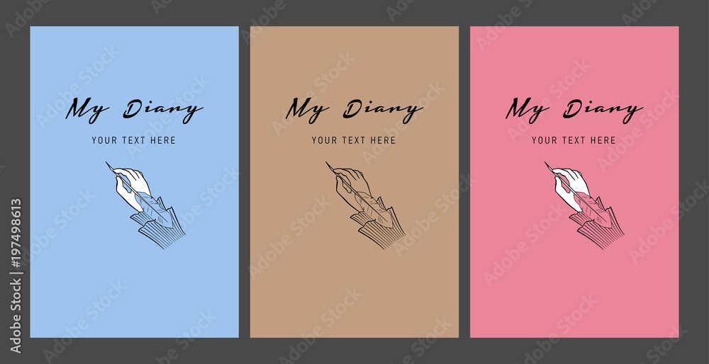 Set of vertical covers for diary in vintage style. Sketch hand with pen on blue, pink background and kraft paper. Vector illustration