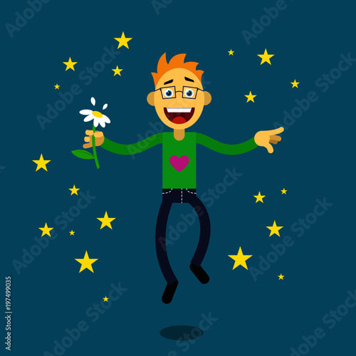 Colored illustration of a cartoon happy guy with glasses and a flower