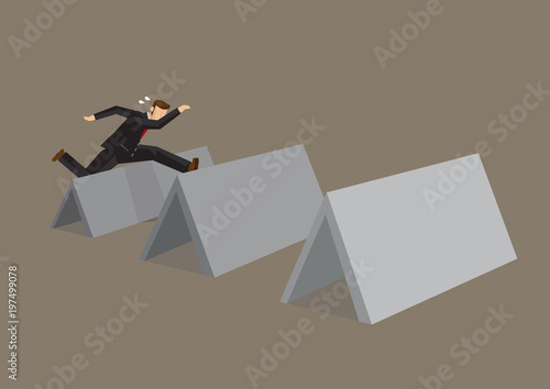 Cartoon Businessman Hurdles Over Obstacles Vector Cartoon Illustration