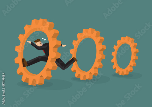 Cartoon Businessman Going Through Cog Gears Vector Cartoon Illustration