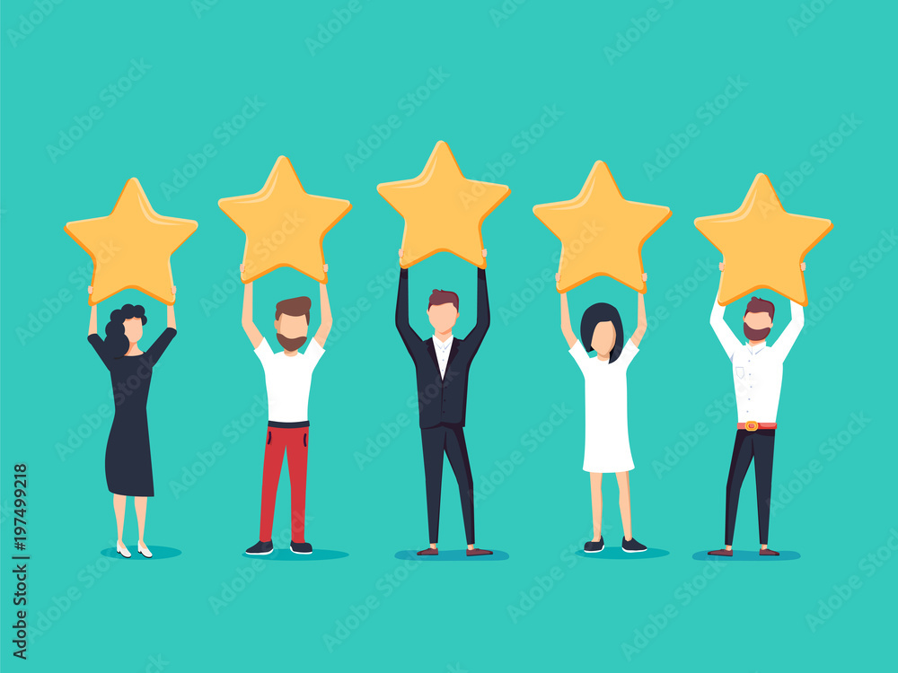 Five stars rating flat style vector concept. People are holding stars over the heads. Feedback consumer - obrazy, fototapety, plakaty 
