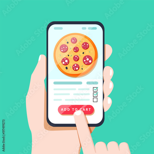Choosing pizza on mobile smart phone app. Tapping on the screen making pizza delivery order in convenient application.