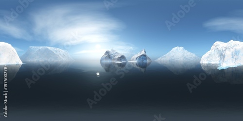icebergs, ice in the northern sea, HDRI, environment map, Round panorama, spherical panorama, equidistant projection, panorama 360