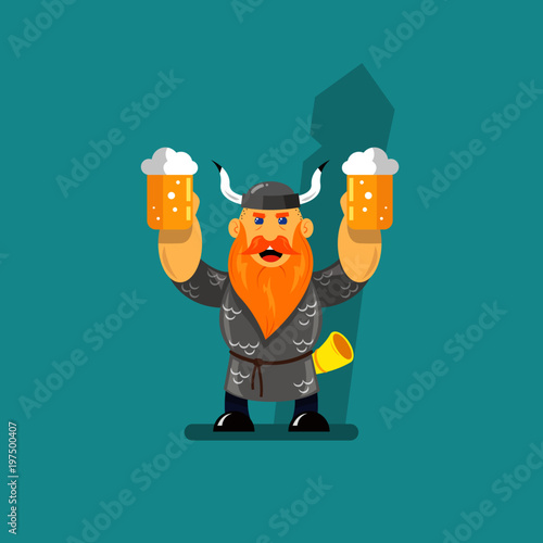 colored cartoon illustration of a Viking with two glasses of beer