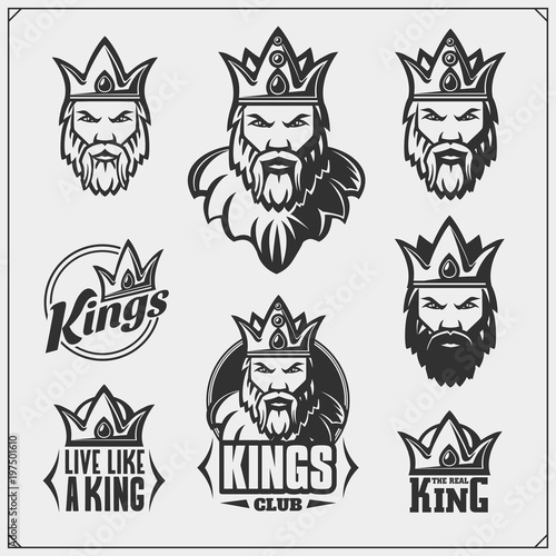 Set of emblems and labels with bearded king in a crown.