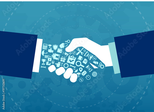 Vector illustration of a businessmen handshake with elements and icons of finance