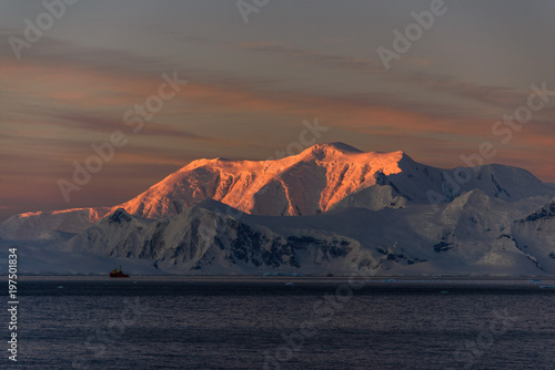 Antarctic landscape at sunset