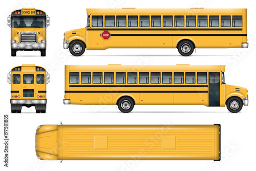 School bus vector mock-up. Isolated template of city transport on white. Vehicle branding mockup. Side, front, back, top view. All elements in the groups on separate layers. Easy to edit and recolor.