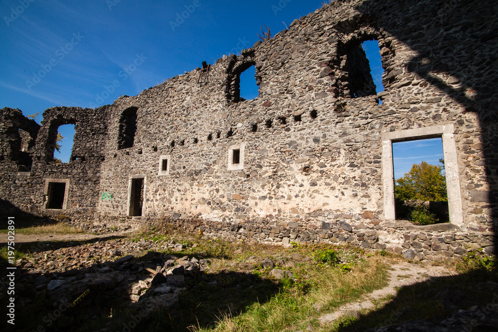 Ruins of Castle Nevytske in Transcarpathian region. Uzhgorod photo. Nevitsky Castle built in 13th century. Ukraine.