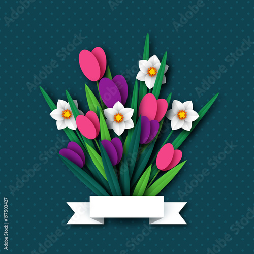 Fototapeta Naklejka Na Ścianę i Meble -  Paper cut spring flowers tulip and narcissus. Template for greeting card, holiday background. Papercraft style. Vector illustration.