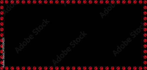 Rectangle border made of red animal paw prints on black background.