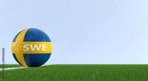 Soccer ball in swedens national colors on a soccer field. Copy space on the right side - 3D Rendering 