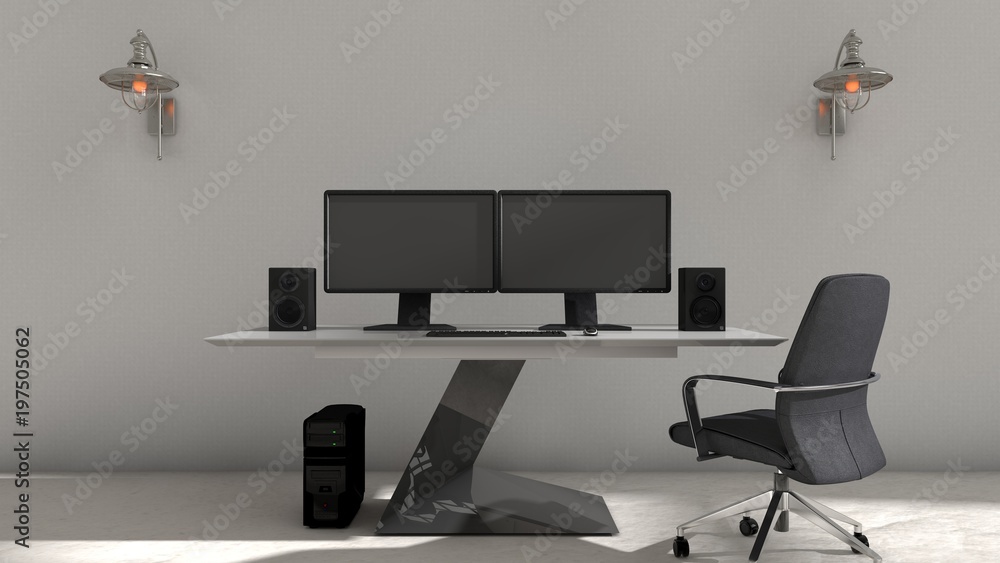 Αυτοκόλλητο 3D illustration of interior design of computer setup