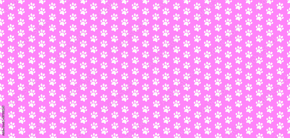 Rectangle seamless baby pattern of white animal paw prints on pink background. Rectangle seamless baby pattern of white animal paw prints on pink background.
