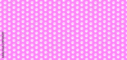Rectangle seamless baby pattern of white animal paw prints on pink background.
