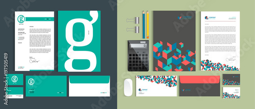 Set of Business identity design templates. Stationery set -  Letterhead A4 template, name card (3,5 x 2), envelope (8.66 x 4.33), presentation folder(9 x 12). Vector illustration.