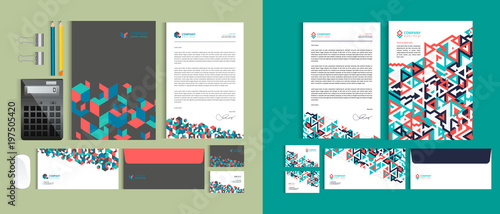 Set of Business identity design templates. Stationery set -  Letterhead A4 template, name card (3,5 x 2), envelope (8.66 x 4.33), presentation folder(9 x 12). Vector illustration.