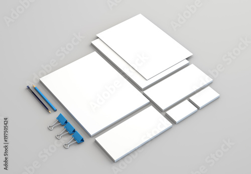 Realistic Stationery Mockups Set. Letterhead, name card, envelope, presentation folder. 3d render.