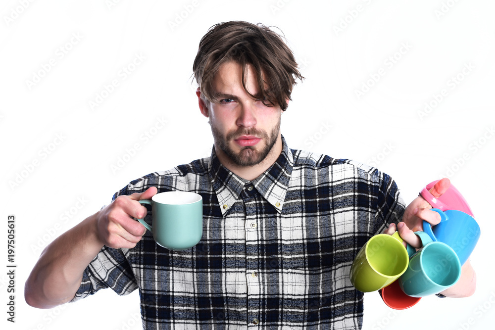 handsome guy holding cups isolated on white background handsome guy holding cups isolated on white background