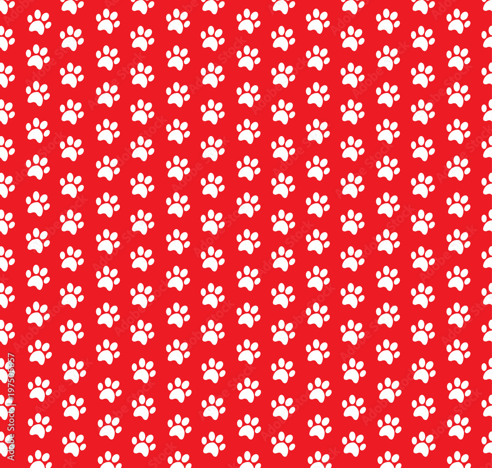 Square seamless pattern of white animal paw prints on red background. Square seamless pattern of white animal paw prints on red background.