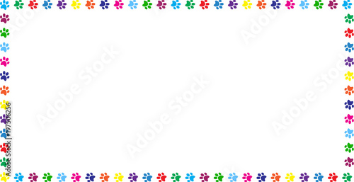 Rectangle frame made of rainbow animal paw prints on white