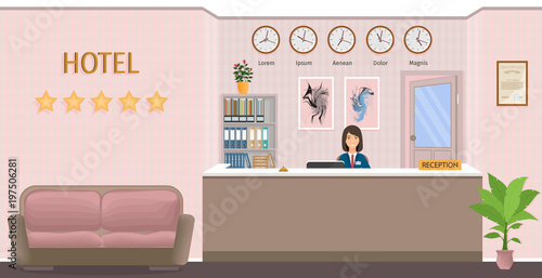 Hotel reception counter with receptionist. Resort hall interior design with woman employee. Vector illustration