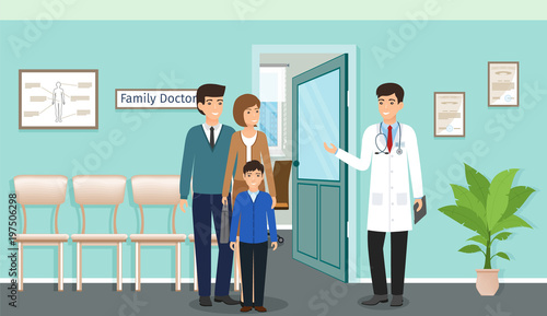 Family with child near a doctor's consultation in clinic office. Doctor in uniform and family of patients characters