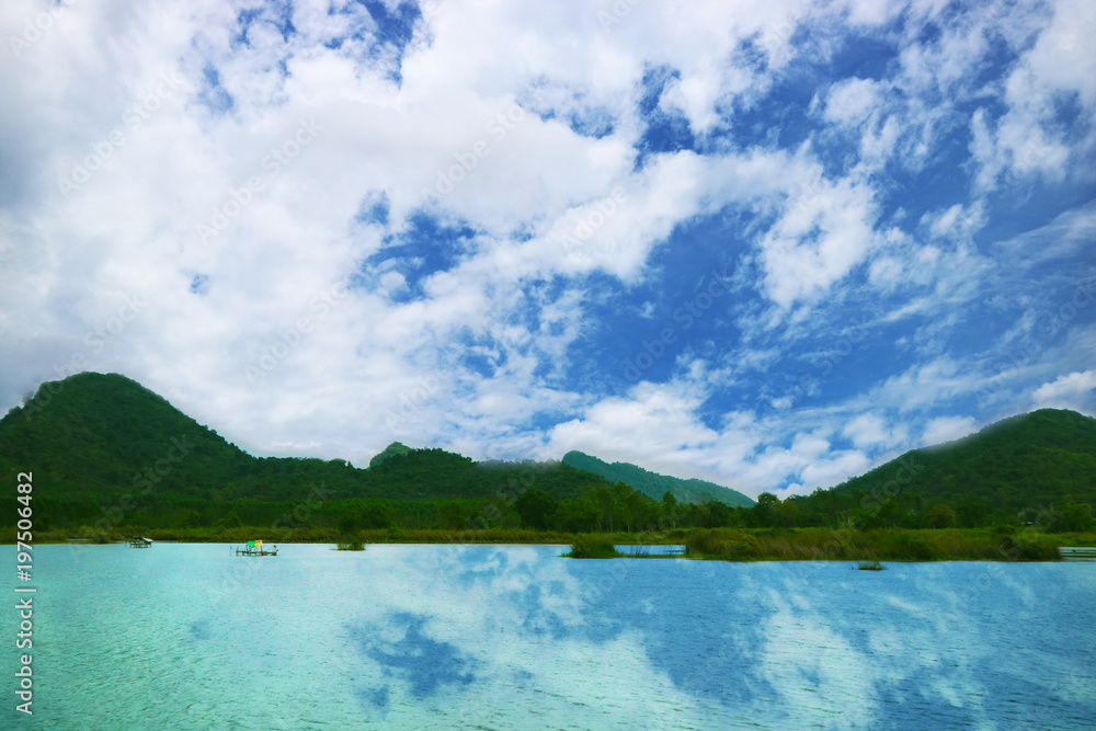 mountain hill blue sky heap cloud and reflection on lake mountain hill blue sky heap cloud and reflection on lake