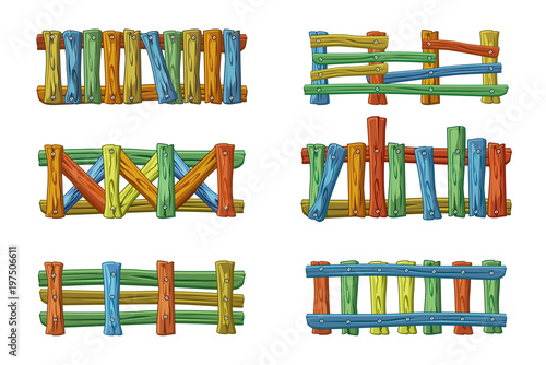 Different types and colors of wooden fence, cartoon set for asset