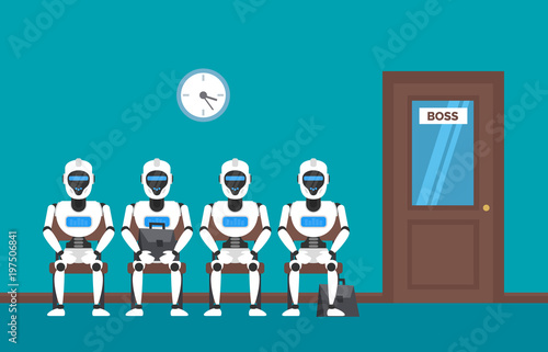 robots humanoid sitting in office corridor waiting for job interview