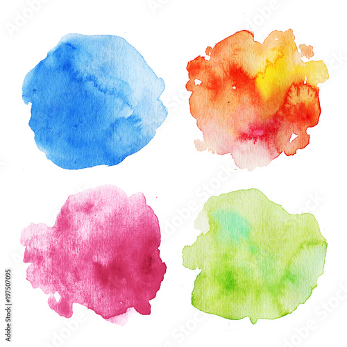 Set of four colorful vibrant watercolor decorative stains isolated on white background