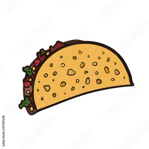 Doodle bright outline mexican tacos symbol. Cartoon flat black linear colorful taco sign for fast food restaurant or cafe menu, advertisement, banners, stickers