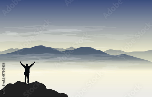 Vector high mountain scenery with man celebrating the achievment and enjoying view