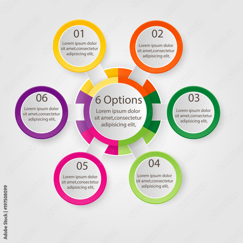 Infographic diagram with 6 options. Vector template what can be used as circular chart, numbered banner, workflow layout, graph, report, presentation, web design. Infographic diagram with 6 options. Vector template what can be used as circular chart, numbered banner, workflow layout, graph, report, presentation, web design.