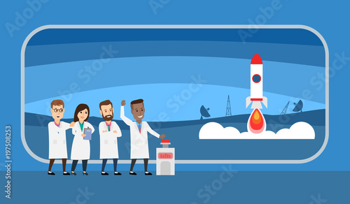 group of scientist launching a rocket to space