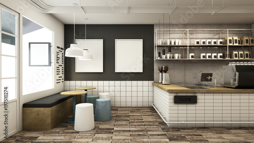 Cafe shop & Restaurant design Minimal Loft white brick counter wood top counter.wood floors -3D render © methajam