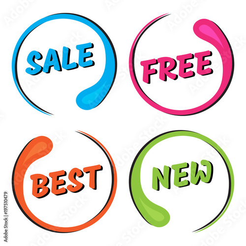 Colorful set of round frame. Label with inscription SALE, FREE, BEST, NEW. Vector illustration