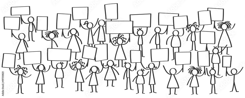 Vector illustration of stick figures protesting, holding up blank signs isolated on white background