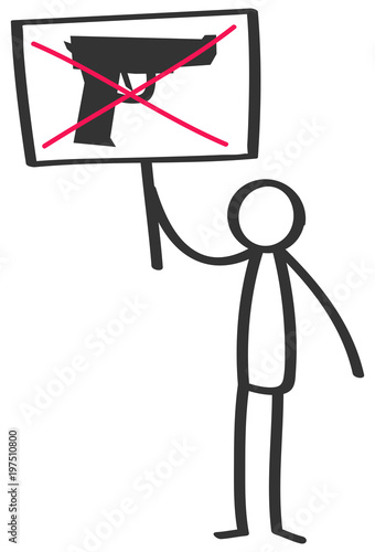 Vector illustration of stick figure protesting gun violence holding up sign with crossed-out gun isolated on white background