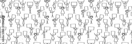 Vector illustration of stick figures protesting, holding up blank signs, seamless banner isolated on white background