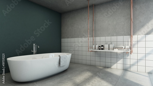 Bathroom design modern   Loft green wall tiles concrete wall white Shelves Bath accessories metal color rose gold - 3D render