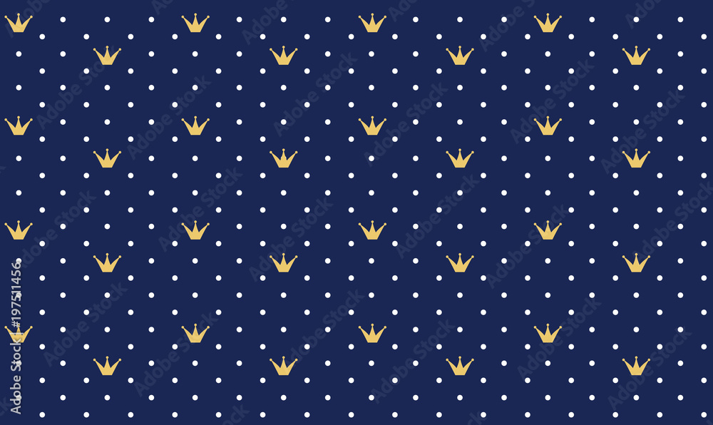 Navy dark blue seamless pattern in retro style with a gold crown. Can