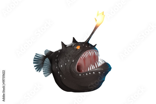 Canvas Print 3d rendering front of Anglerfish cartoon style with big mount and giant tooth isolated on white background with clipping paths