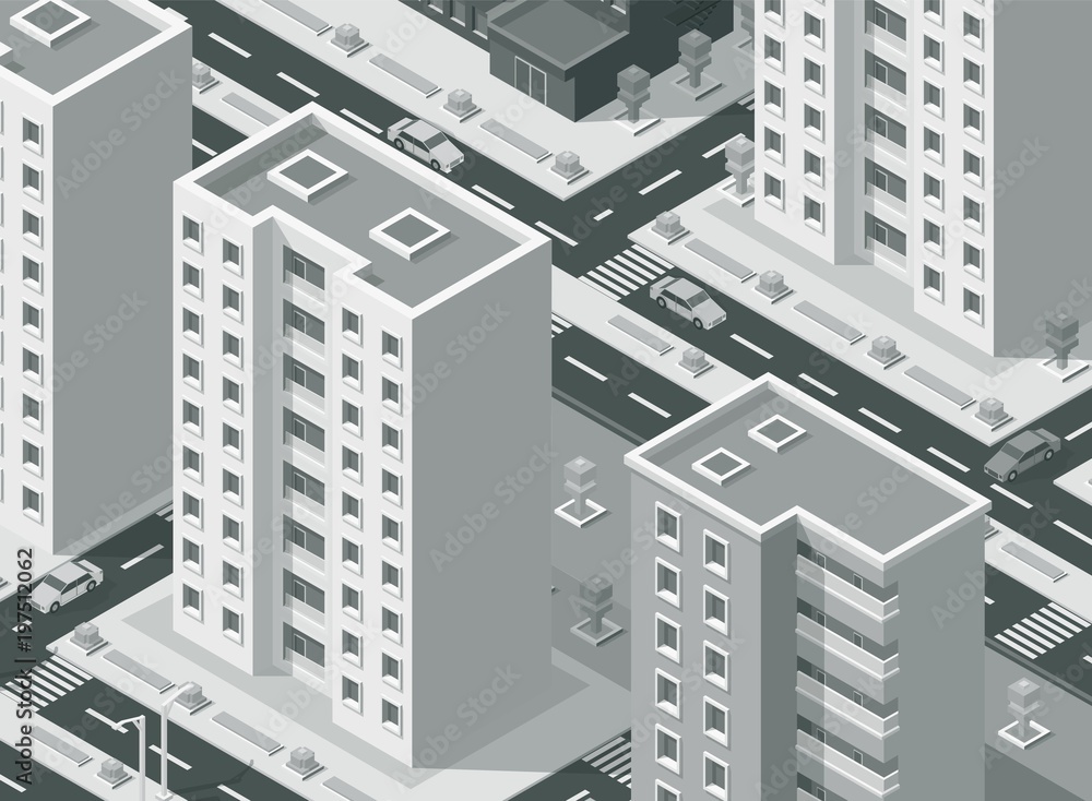 Isometric city street with buildings apartments illustration background.