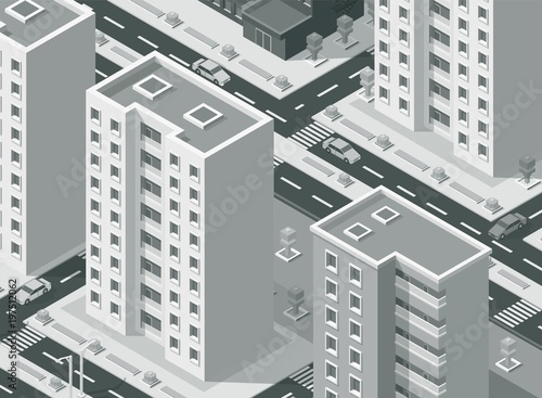 Isometric city street with buildings apartments illustration background.