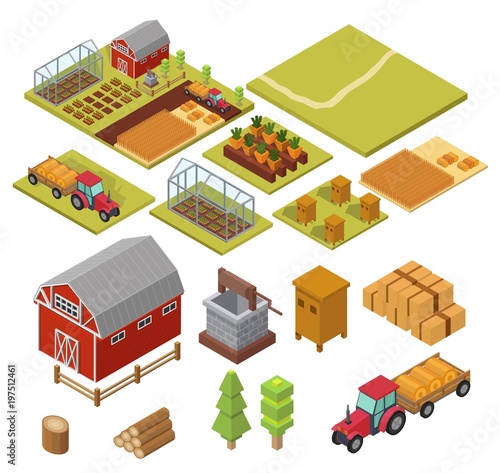 Big set Isometric vector farm elements with ecology cartoon gardening elements.