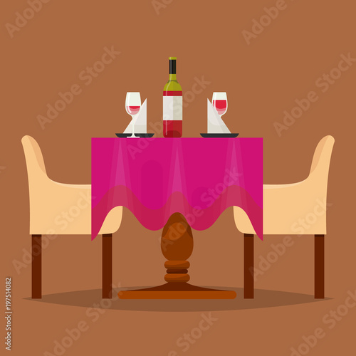 Dining tables in restaurant vector set lunch dinner date in cafe with glasses of wine Italian pizza Chineese food Oriental cuisine illustration isolated on background