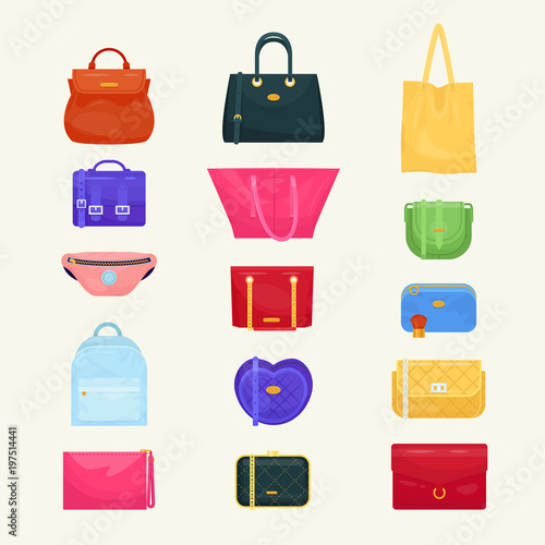 Woman bag vector girls handbag or purse and shopping-bag or baggy package from fashion store illustration set of shoppers bagged package isolated on background