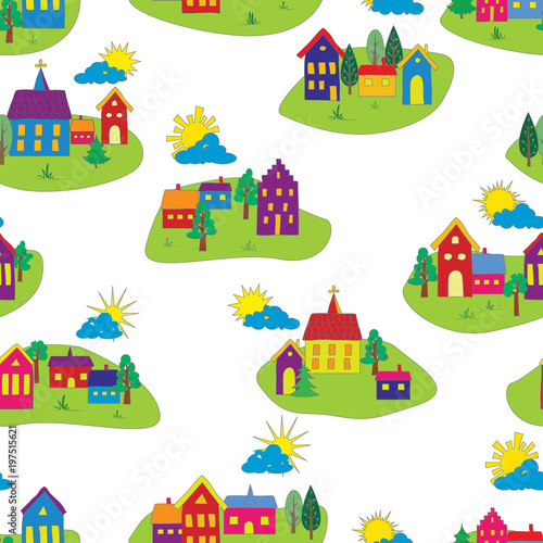 Seamless childish background with stylized european houses in cartoon style.